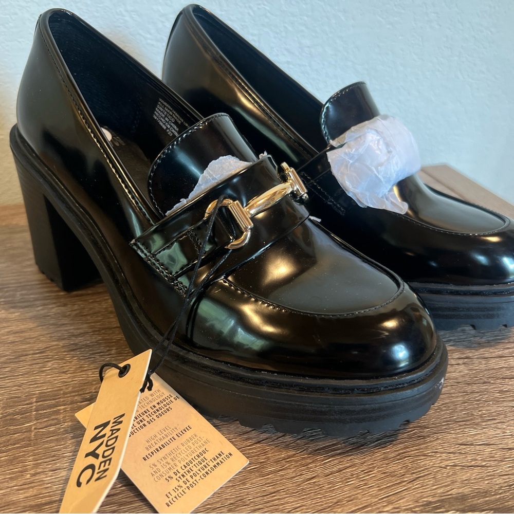 Madden Kassidy 90s Black Patent Chunky Heel Penny Loafer Buckle Clueless Sz 8.5
